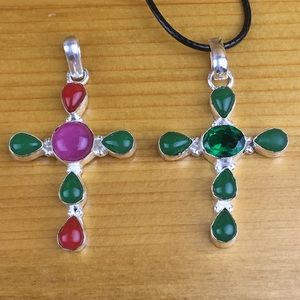 New Pair of Mixed Onyx Stone Handmade Silver Overlay Cross Pendants